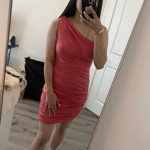 BEBE coral one shoulder dress
